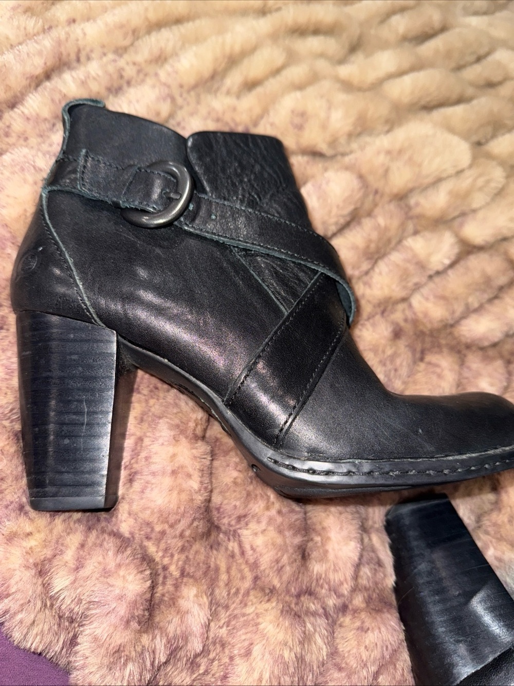 Born Shola Women Black Ankle Boot Stacked Block High Heel Shoes Booties , Sz 7.5